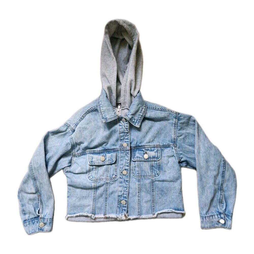 Simply Blessed Cropped Denim Jacket Distressed Hood Zip Button Womens Sz S GUC